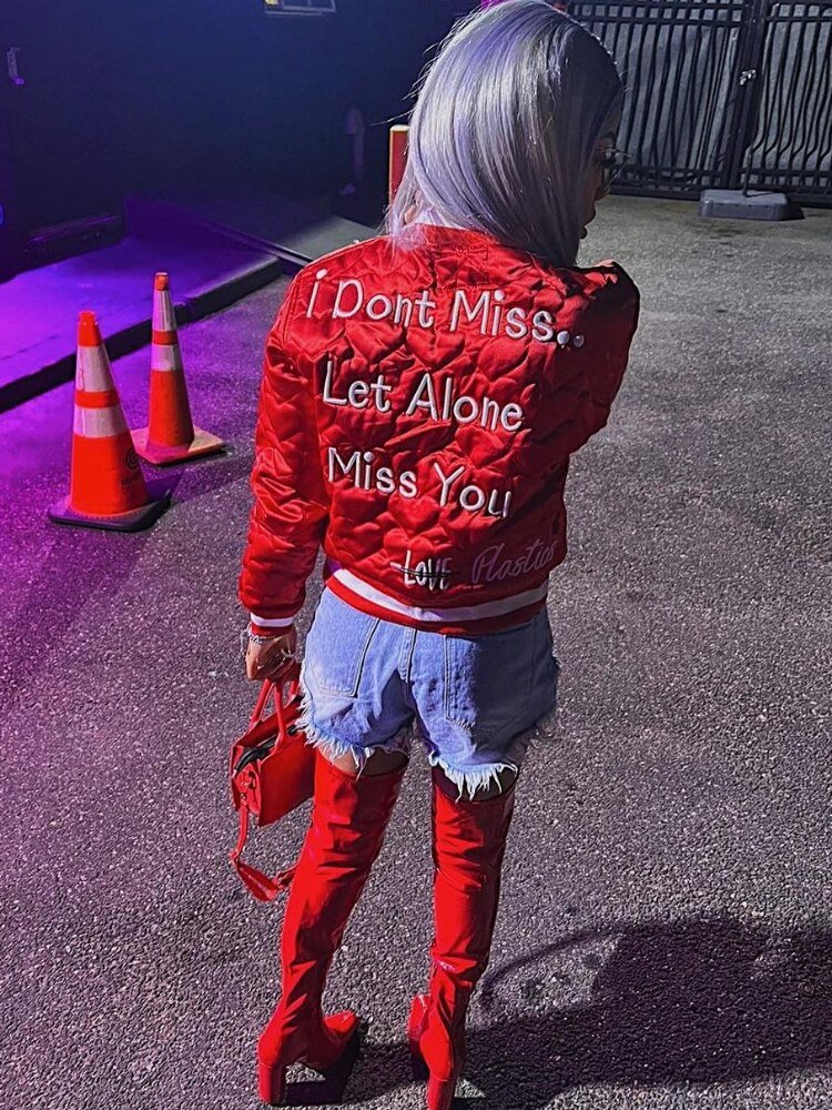 Fashion Varsity Jacket Women Autumn Winter 2023 Casual Letter Embroidery Quilted Coat Cotton Padded Jacket Streetwear Parkas Red - Polished 24/7