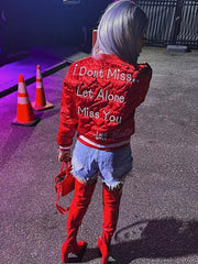 Fashion Varsity Jacket Women Autumn Winter 2023 Casual Letter Embroidery Quilted Coat Cotton Padded Jacket Streetwear Parkas Red - Polished 24/7