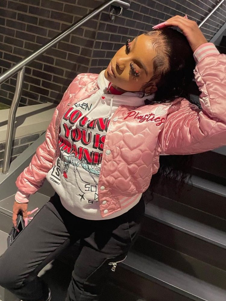 Fashion Varsity Jacket Women Autumn Winter 2023 Casual Letter Embroidery Quilted Coat Cotton Padded Jacket Streetwear Parkas Red - Polished 24/7