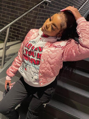 Fashion Varsity Jacket Women Autumn Winter 2023 Casual Letter Embroidery Quilted Coat Cotton Padded Jacket Streetwear Parkas Red - Polished 24/7