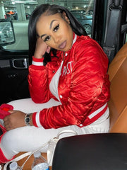 Fashion Varsity Jacket Women Autumn Winter 2023 Casual Letter Embroidery Quilted Coat Cotton Padded Jacket Streetwear Parkas Red - Polished 24/7