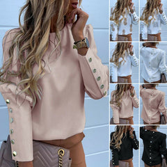 Fashion Women Metal Button Long Sleeve Shirts Ladies Casual O-Neck Solid Print Blouses XXXL Fall European Clothes - Polished 24/7