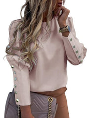 Fashion Women Metal Button Long Sleeve Shirts Ladies Casual O-Neck Solid Print Blouses XXXL Fall European Clothes - Polished 24/7