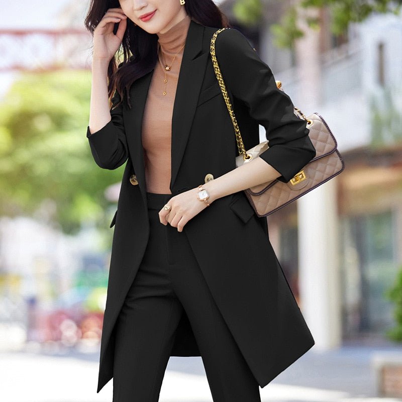 High End Office Professional Women's Blazer Pants 2-Piece Set Fall Fashion Long Female Jacket Over Business Suit Casual Trousers - Polished 24/7