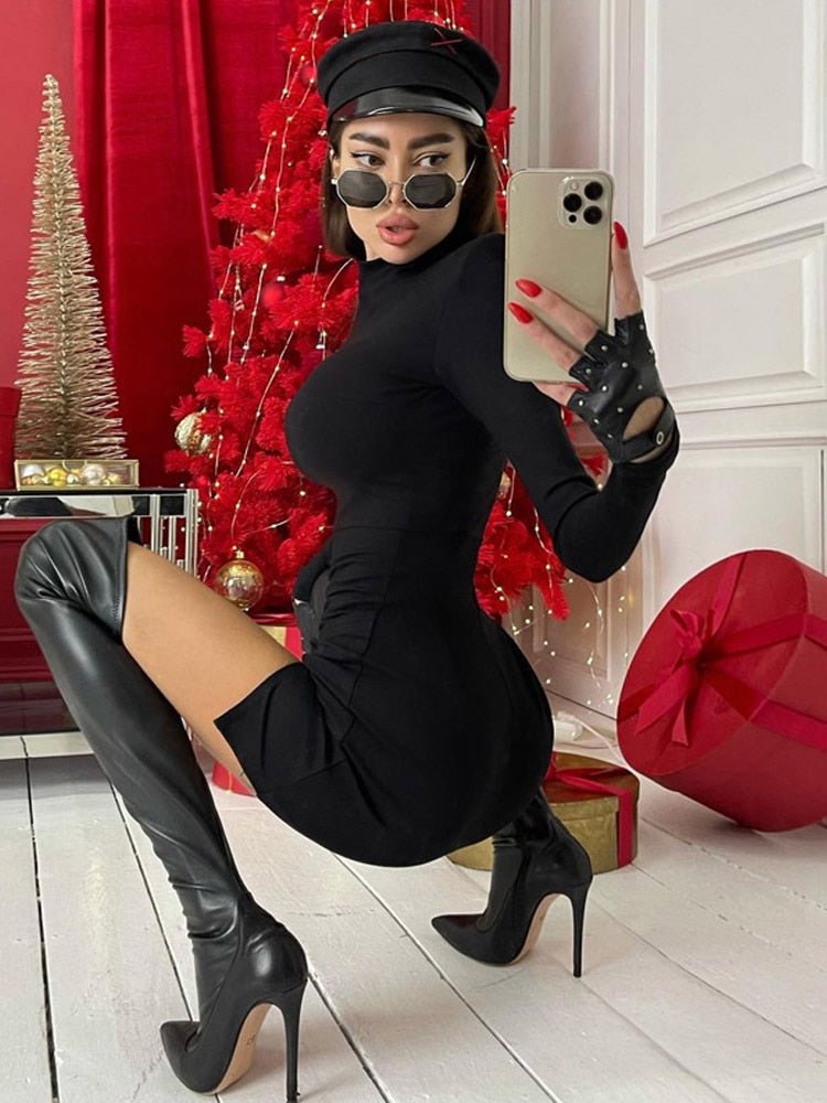 Long Sleeve Body-con Solid Color Black Slim Package Hip Mini Dress - Polished 24/7