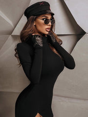 Long Sleeve Body-con Solid Color Black Slim Package Hip Mini Dress - Polished 24/7