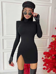 Long Sleeve Body-con Solid Color Black Slim Package Hip Mini Dress - Polished 24/7