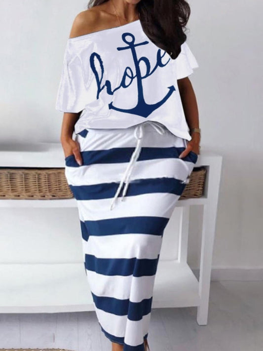 LW Plus Size matching sets Two Piece dress sets Letter Print Striped Skirt Set Fashion Casual Summer Tops+Bottoms Matching Outfi - Polished 24/7