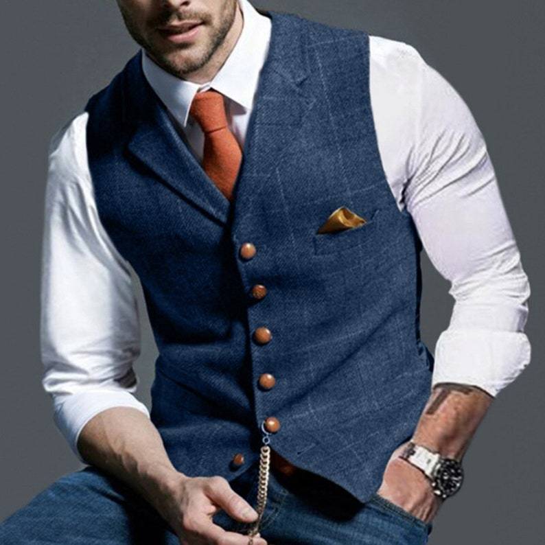 Mens Suit Vest Notched Plaid Wool Herringbone Tweed Waistcoat Casual Formal Business Groomman For Wedding Green/Black/Green/Grey - Polished 24/7