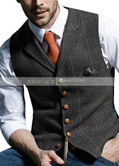 Mens Suit Vest Notched Plaid Wool Herringbone Tweed Waistcoat Casual Formal Business Groomman For Wedding Green/Black/Green/Grey - Polished 24/7