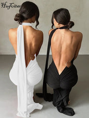 One Shoulder Backless Adjustable Scarf Loop Ruched Sexy Maxi Dress - Polished 24/7