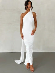 One Shoulder Backless Adjustable Scarf Loop Ruched Sexy Maxi Dress - Polished 24/7