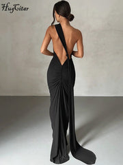 One Shoulder Backless Adjustable Scarf Loop Ruched Sexy Maxi Dress - Polished 24/7