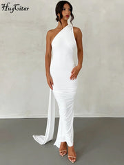 One Shoulder Backless Adjustable Scarf Loop Ruched Sexy Maxi Dress - Polished 24/7