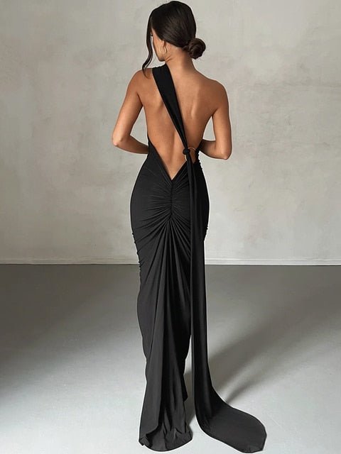 One Shoulder Backless Adjustable Scarf Loop Ruched Sexy Maxi Dress - Polished 24/7