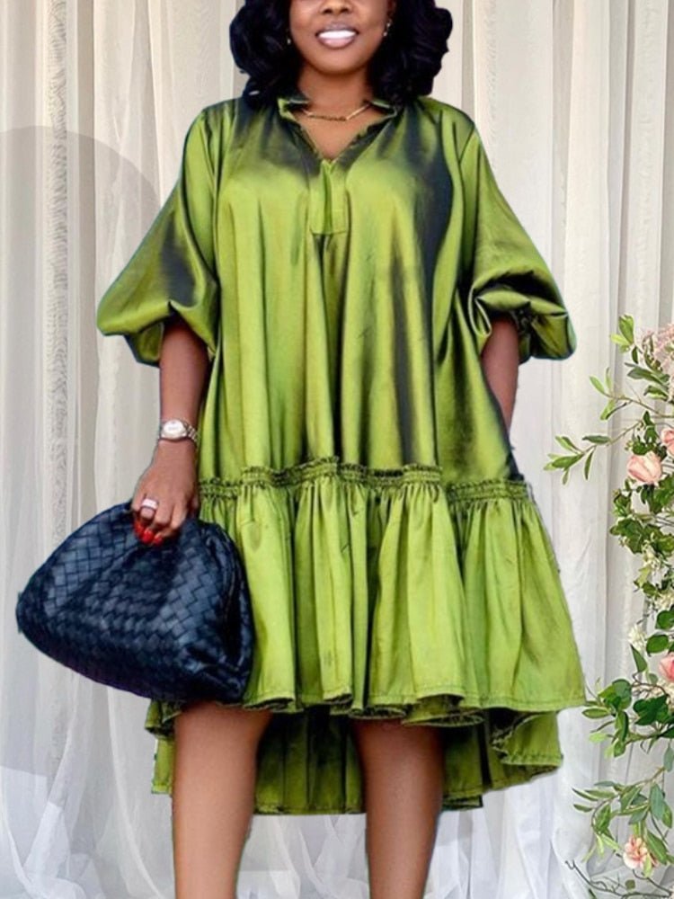 Oversized Ruched Luxury Shiny Puffy Sleeve Shirt Dress - Polished 24/7