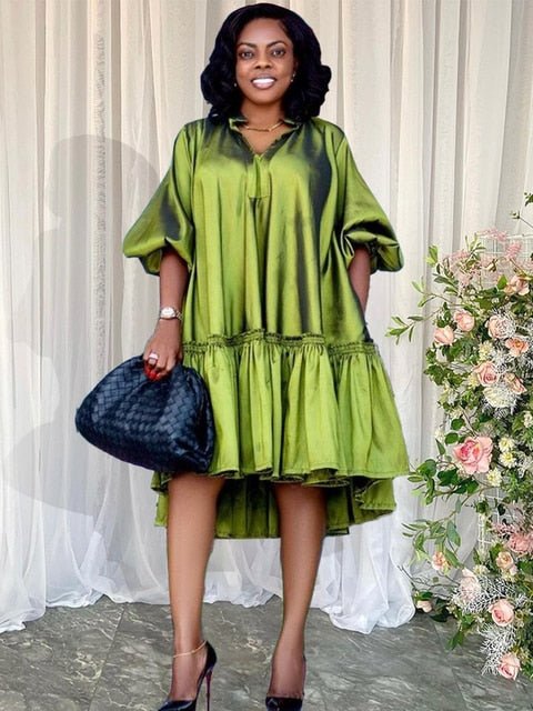 Oversized Ruched Luxury Shiny Puffy Sleeve Shirt Dress - Polished 24/7