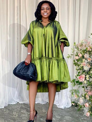 Oversized Ruched Luxury Shiny Puffy Sleeve Shirt Dress - Polished 24/7