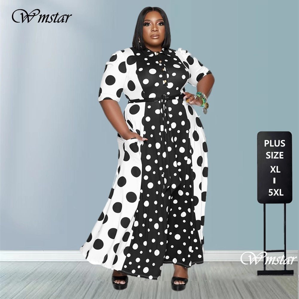 Plus Size Women's Clothing Dresses Dot Printed with Pockets Slashes Fashion Maxi Dress Hot - Polished 24/7