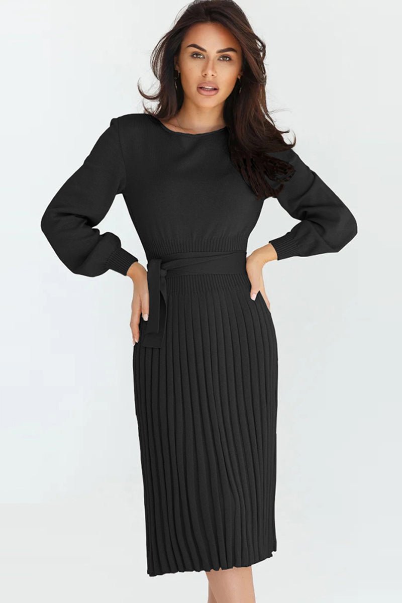 Round Neck Long Sleeve Pleated Sweater Dress - Polished 24/7