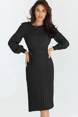 Round Neck Long Sleeve Pleated Sweater Dress - Polished 24/7