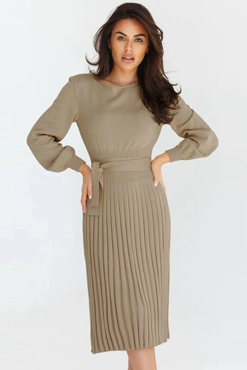 Round Neck Long Sleeve Pleated Sweater Dress - Polished 24/7