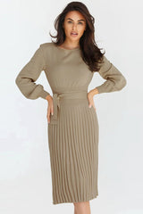 Round Neck Long Sleeve Pleated Sweater Dress - Polished 24/7