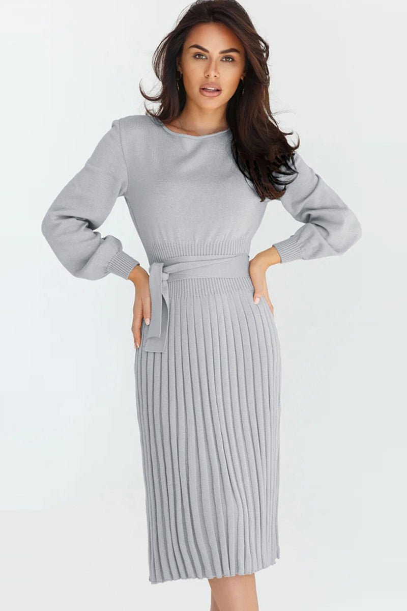 Round Neck Long Sleeve Pleated Sweater Dress - Polished 24/7