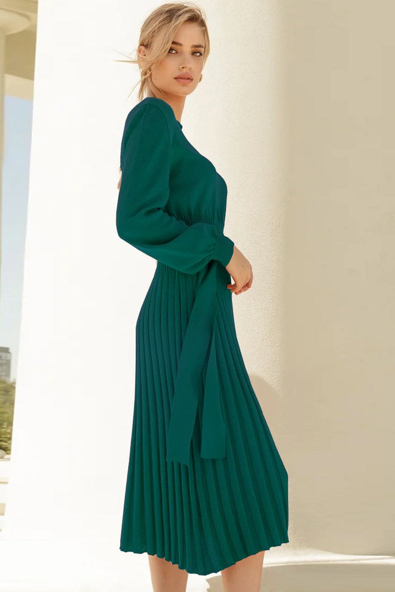 Round Neck Long Sleeve Pleated Sweater Dress - Polished 24/7