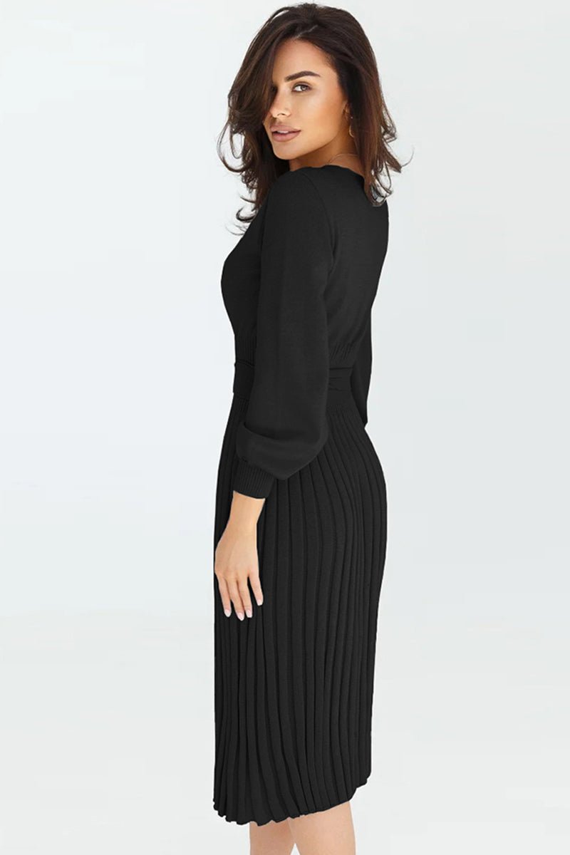Round Neck Long Sleeve Pleated Sweater Dress - Polished 24/7