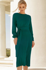 Round Neck Long Sleeve Pleated Sweater Dress - Polished 24/7
