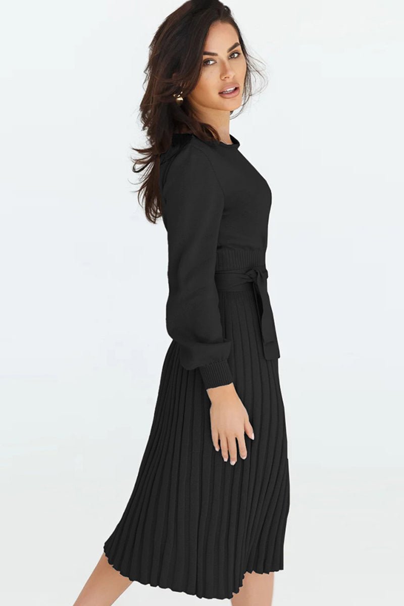 Round Neck Long Sleeve Pleated Sweater Dress - Polished 24/7