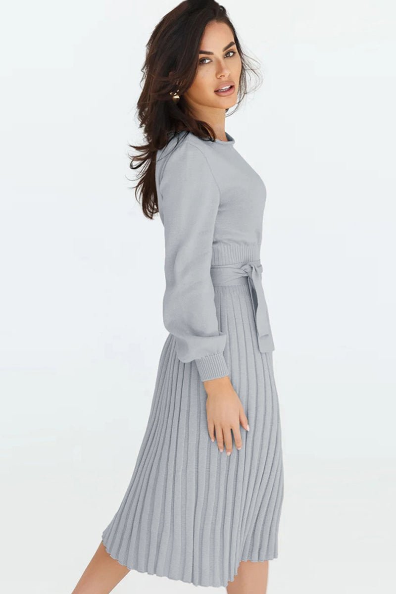 Round Neck Long Sleeve Pleated Sweater Dress - Polished 24/7