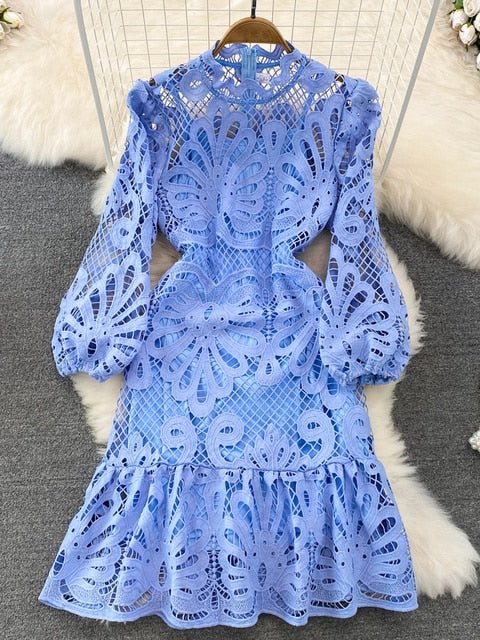 Vintage Hollow out Lace Floral Embroidery Dress For Women Spring Stand collar Puff Sleeve High Waist Mermaid Short Lace Dress - Polished 24/7