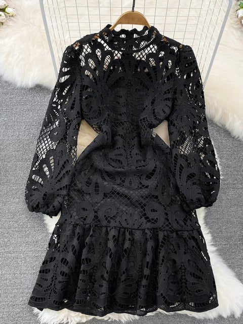 Vintage Hollow out Lace Floral Embroidery Dress For Women Spring Stand collar Puff Sleeve High Waist Mermaid Short Lace Dress - Polished 24/7
