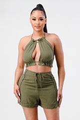 Sexy casual two pcs crop top and short set