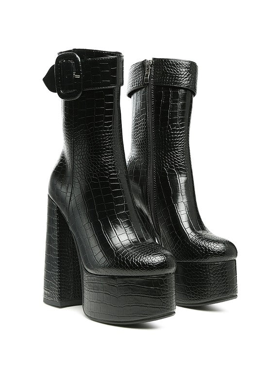 Bumpy Croc High Block Heeled Chunky Ankle Boots