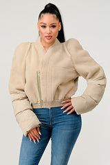 Plush Puff Sleeve Bomber Jacket