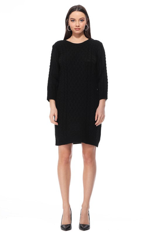 Round Neck Cable Knit Long Sleeve Sweater Dress
