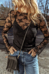 Black Lace Mesh Crochet Splicing Slim Fit Long Sleeve Blouse