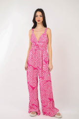 Printed Pleated Sleeveless Wide Leg Jumpsuit