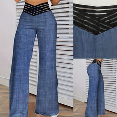 Wide Leg Flared Casual Crisscross Sheer Mesh Patch High Waist Pants