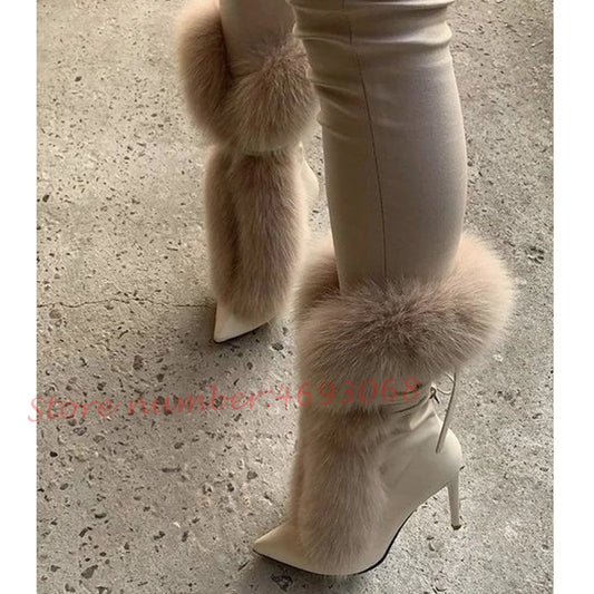 Fluffy White Fur High Stiletto Heels Lace-up Short Boots