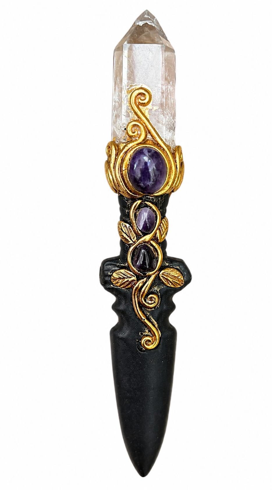 Sacred Quartz Tower Ritual Dagger – Amethyst & Matte Obsidian Energy Blade