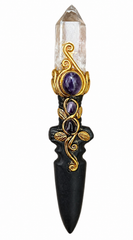 Sacred Quartz Tower Ritual Dagger – Amethyst & Matte Obsidian Energy Blade