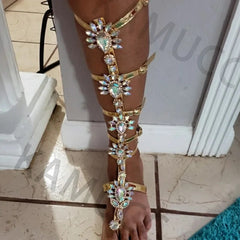 Flat Gladiator Gold Rhinestone Knee High Buckle Strap Sandals