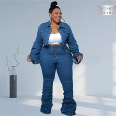 Denim Plus Size Sets Women 2 Piece Set Puff Long Sleeve Jacket Stretch Stacked Jeans