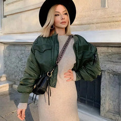 Stylish Green Long Sleeve Zipper Bomber