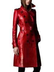 Long Red Crocodile Print Leather Belt Double Breasted Elegant Coat