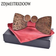 Wooden Bowtie with Cufflinks and Handkerchief